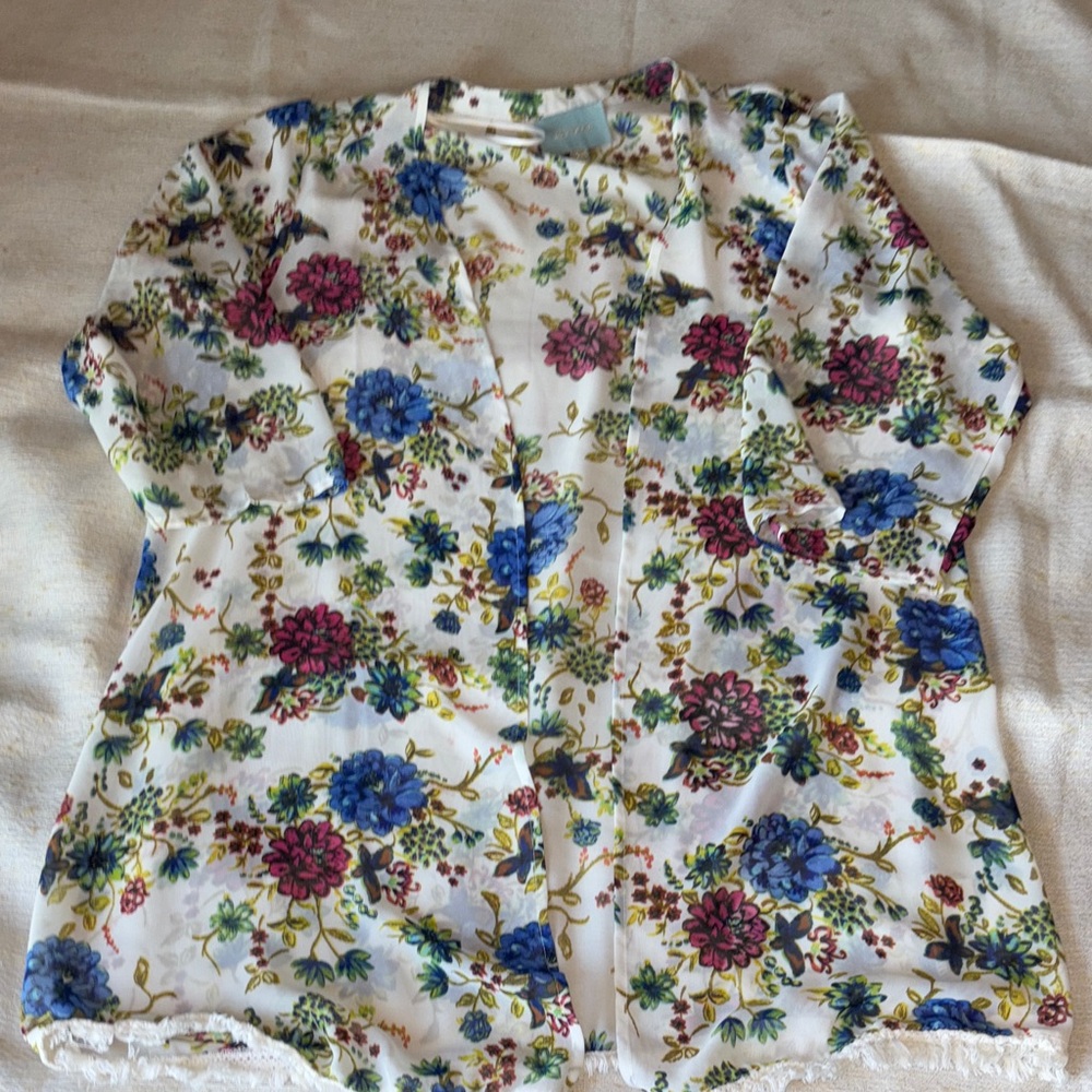 Skies Are Blue Floral Kimono Cardigan Medium Boho Sheer Fringe Hem Festival - Picture 9 of 14